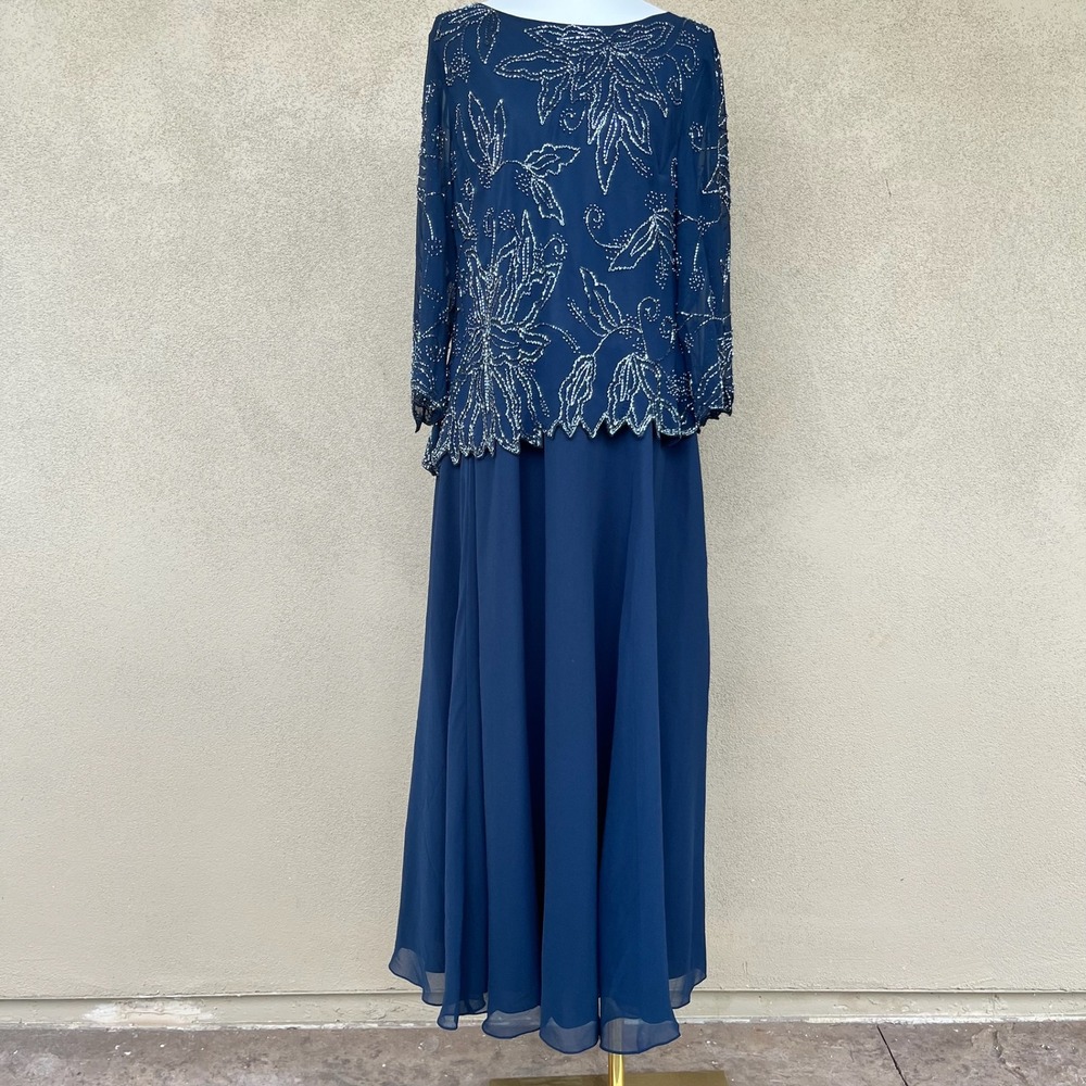 JKara New York Navy Blue Beaded Floral Chiffon Evening Gown Dress Party 14P NEW
